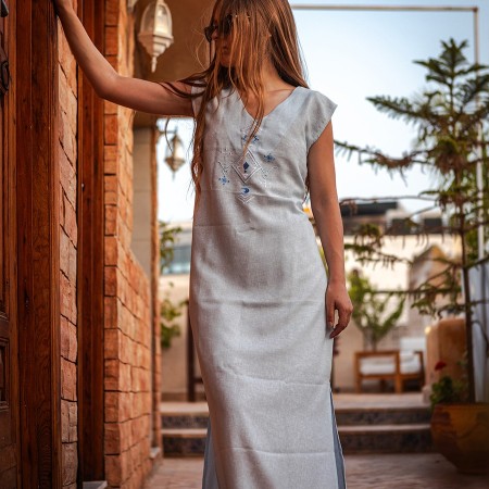 Sleeveless Sky Blue Gandoura with Berber Embroidery