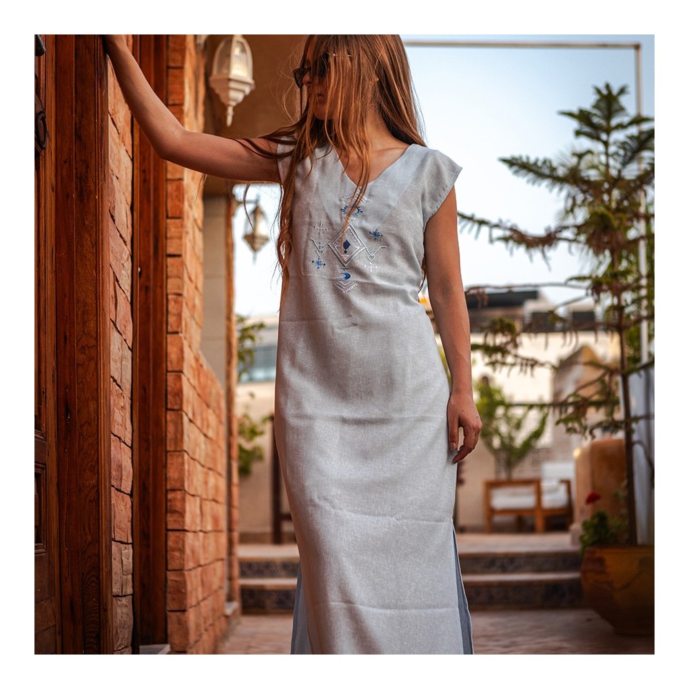 Sleeveless Sky Blue Gandoura with Berber Embroidery