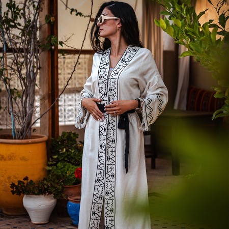 Beige Linen Kimono with Berber Embroidery