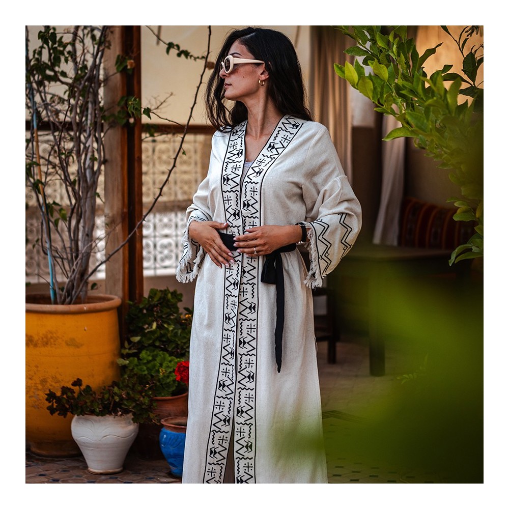 Beige Linen Kimono with Berber Embroidery