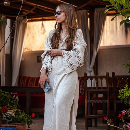 Beige Linen Kimono with Camel Embroidery