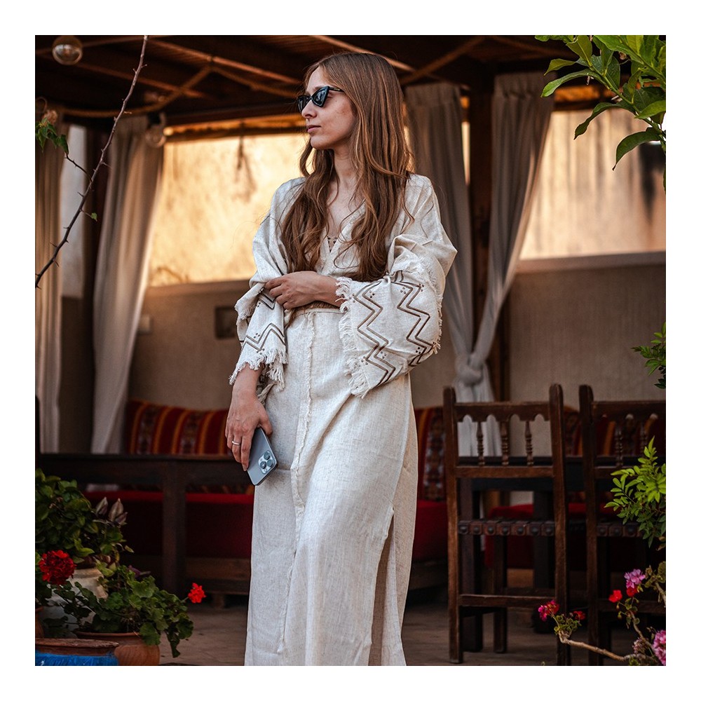 Beige Linen Kimono with Camel Embroidery