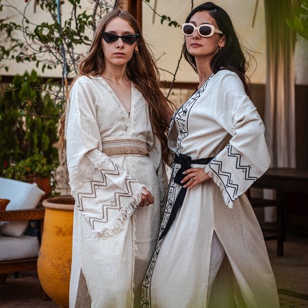 Beige Linen Kimono with Camel Embroidery