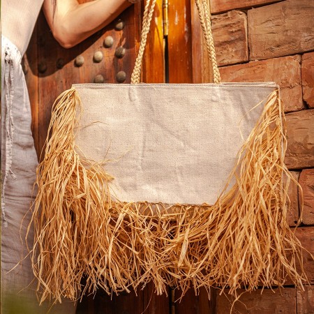 Canvas Bag with Raffia Details