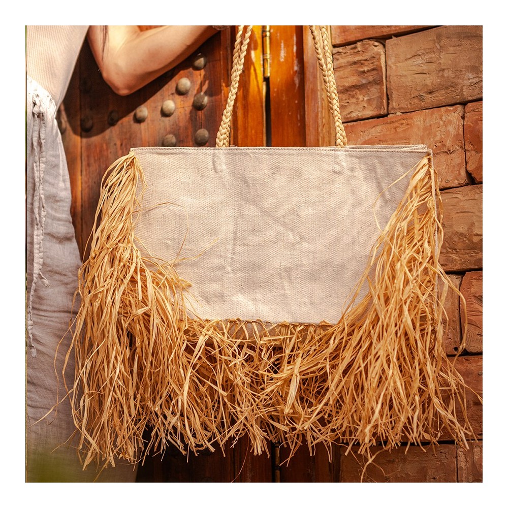 Canvas Bag with Raffia Details