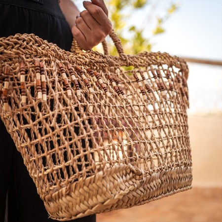 Panier de Plage en Doum avec Détails en Perles