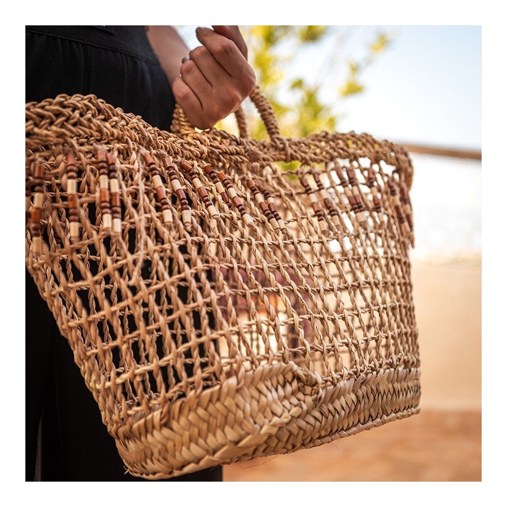 Doum Beach Basket with Beaded Details