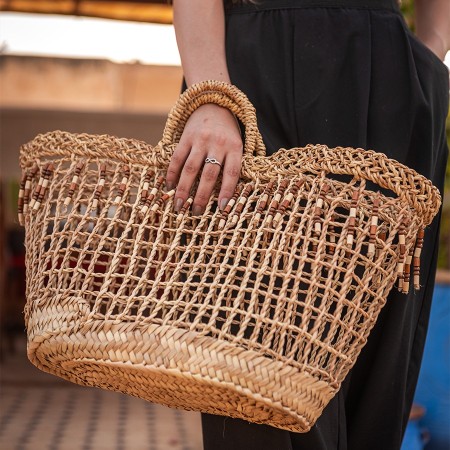 Panier de Plage en Doum avec Détails en Perles