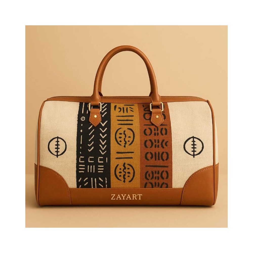 Camel leather travel bag with African patterns
