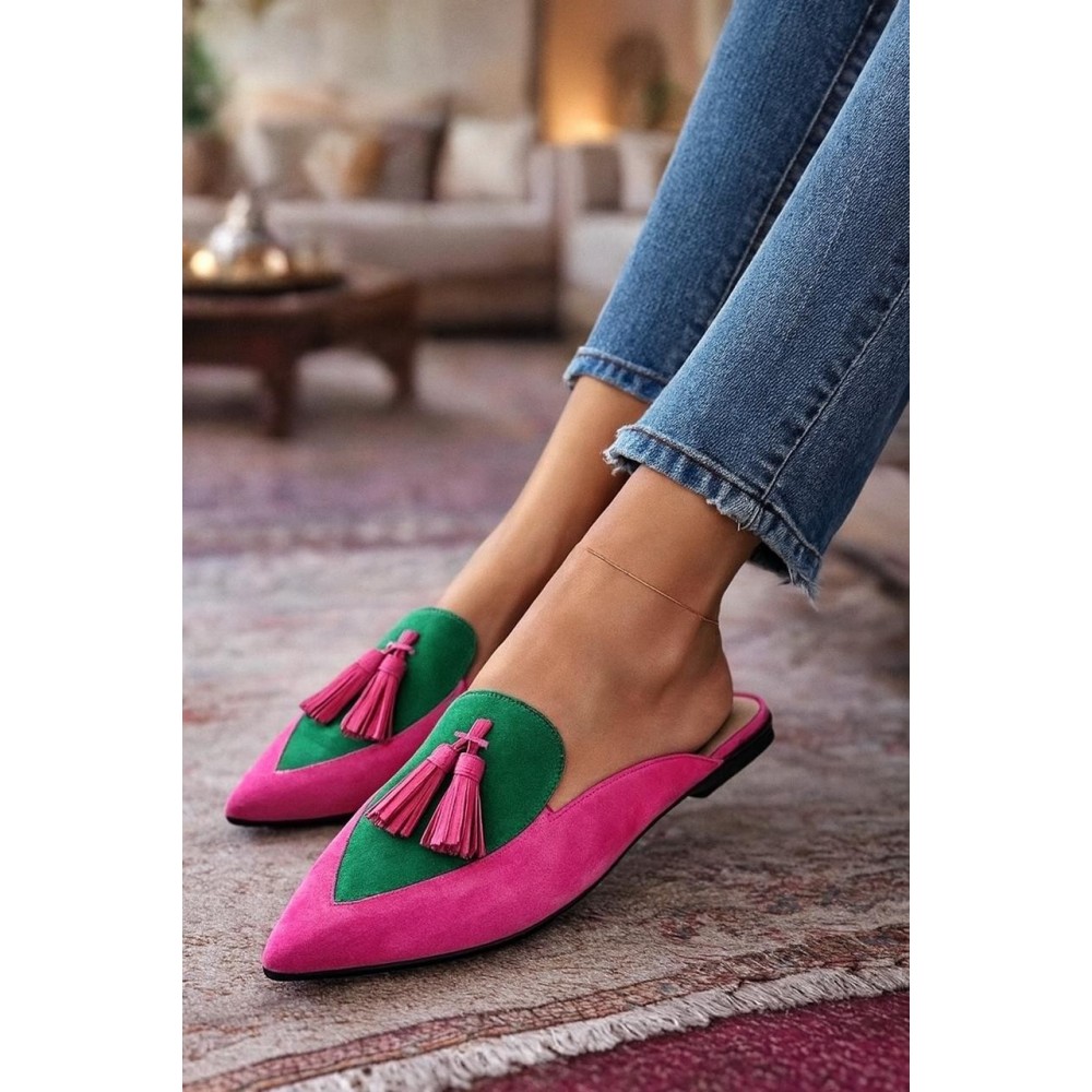 Fuchsia and green suede mules
