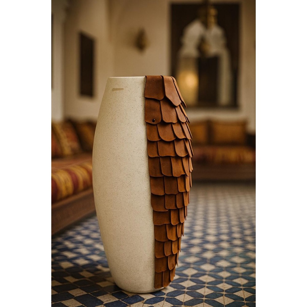 Large pottery vase with leather details
